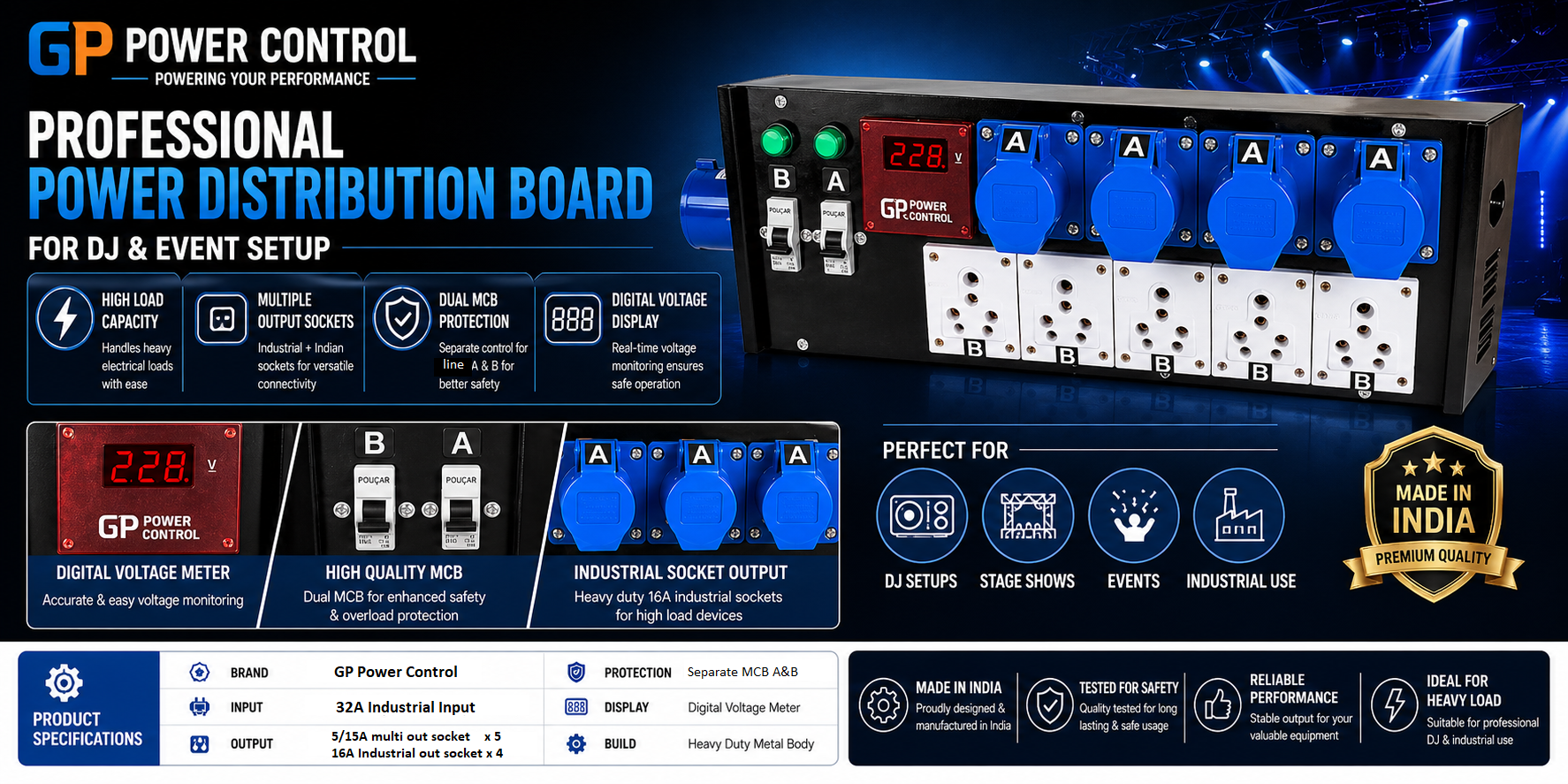 3 Pin suko And 15Amp Indian Sockets Distribution Board